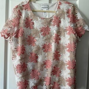 Alfred Dunner Floral Lace Blouse - Pink, White, Tan XL